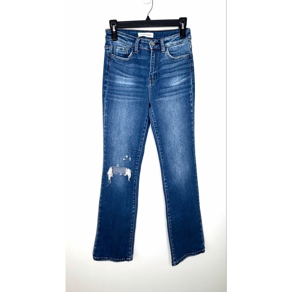 Flying Monkey Mini-Bootcut Jeans Sz 26 Dark Wash Distressed Boho Cowgirl Denim